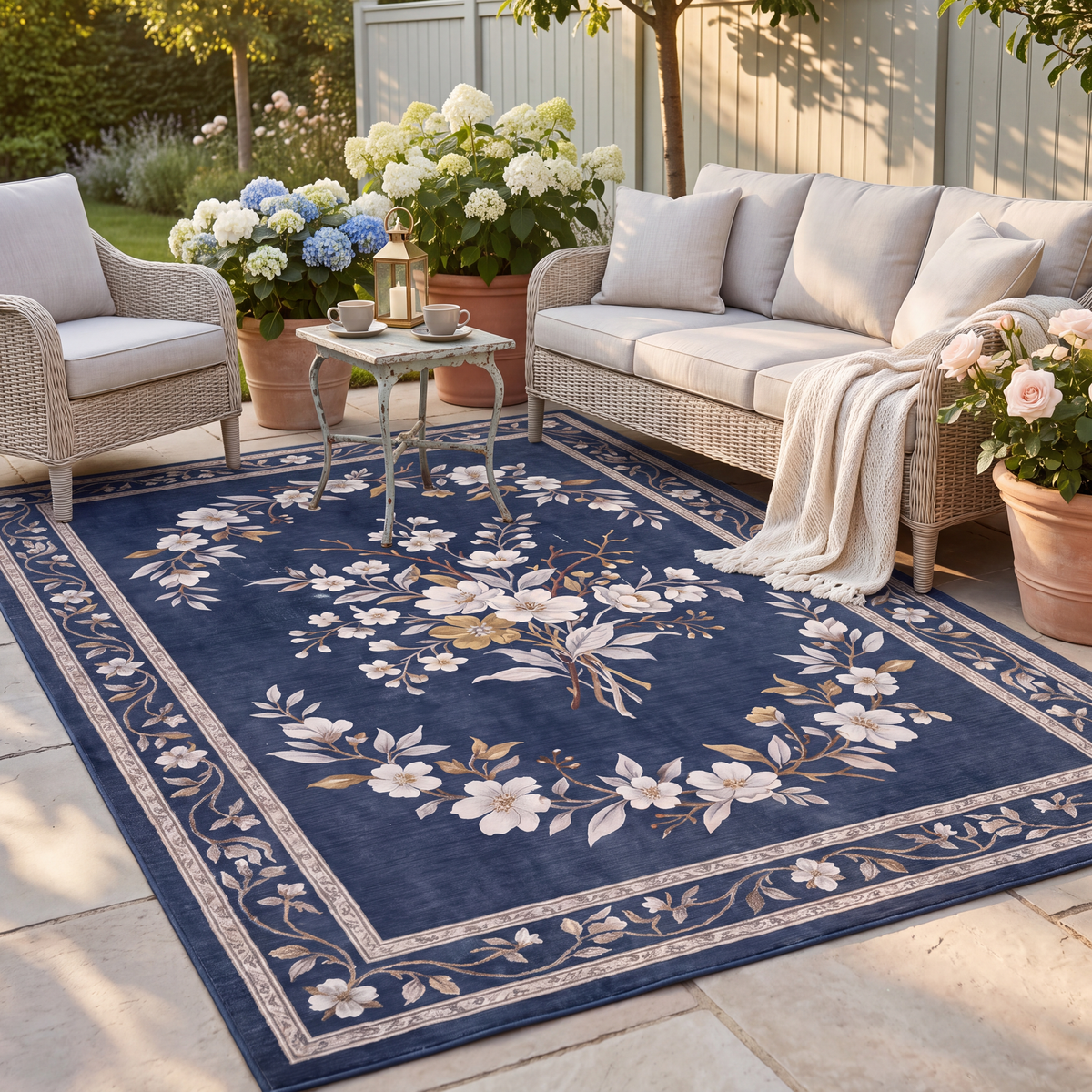 The rug laid flat on a patio beside outdoor seating.