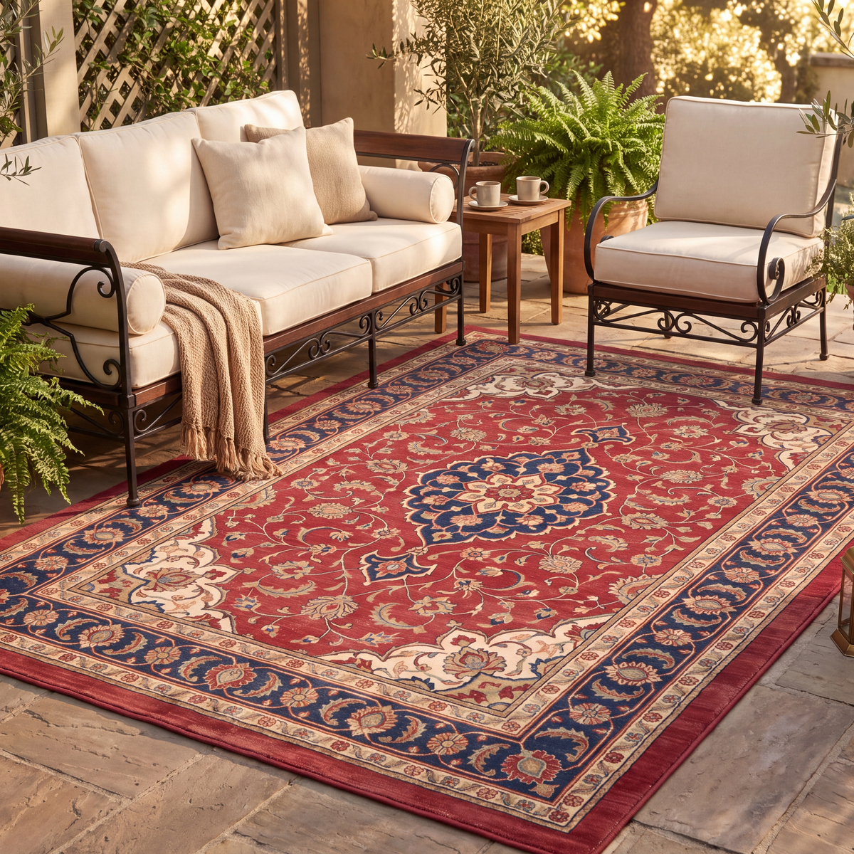 The rug laid flat on a patio beside outdoor seating.