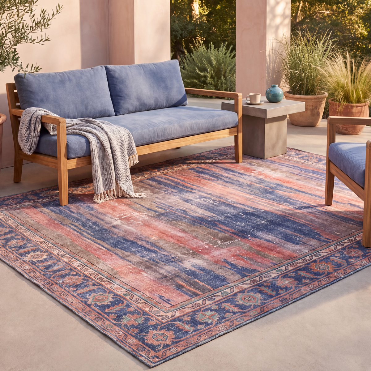 The rug laid flat on a patio beside outdoor seating.
