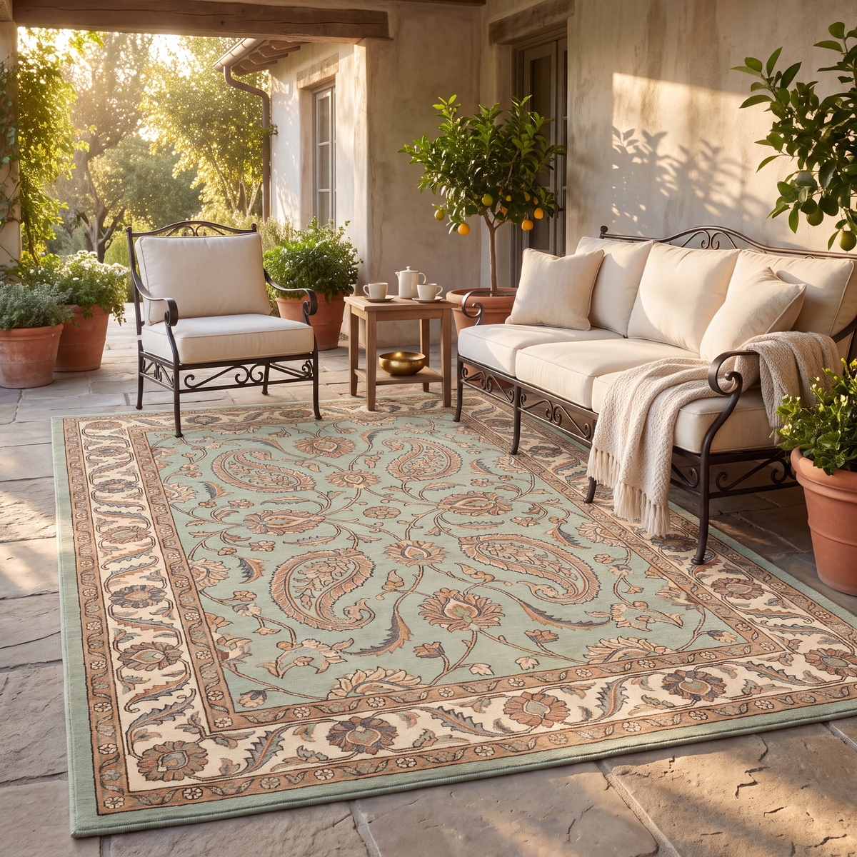The rug laid flat on a patio beside outdoor seating.