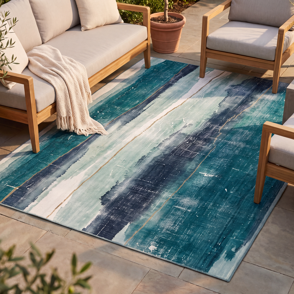 The rug laid flat on a patio beside outdoor seating.