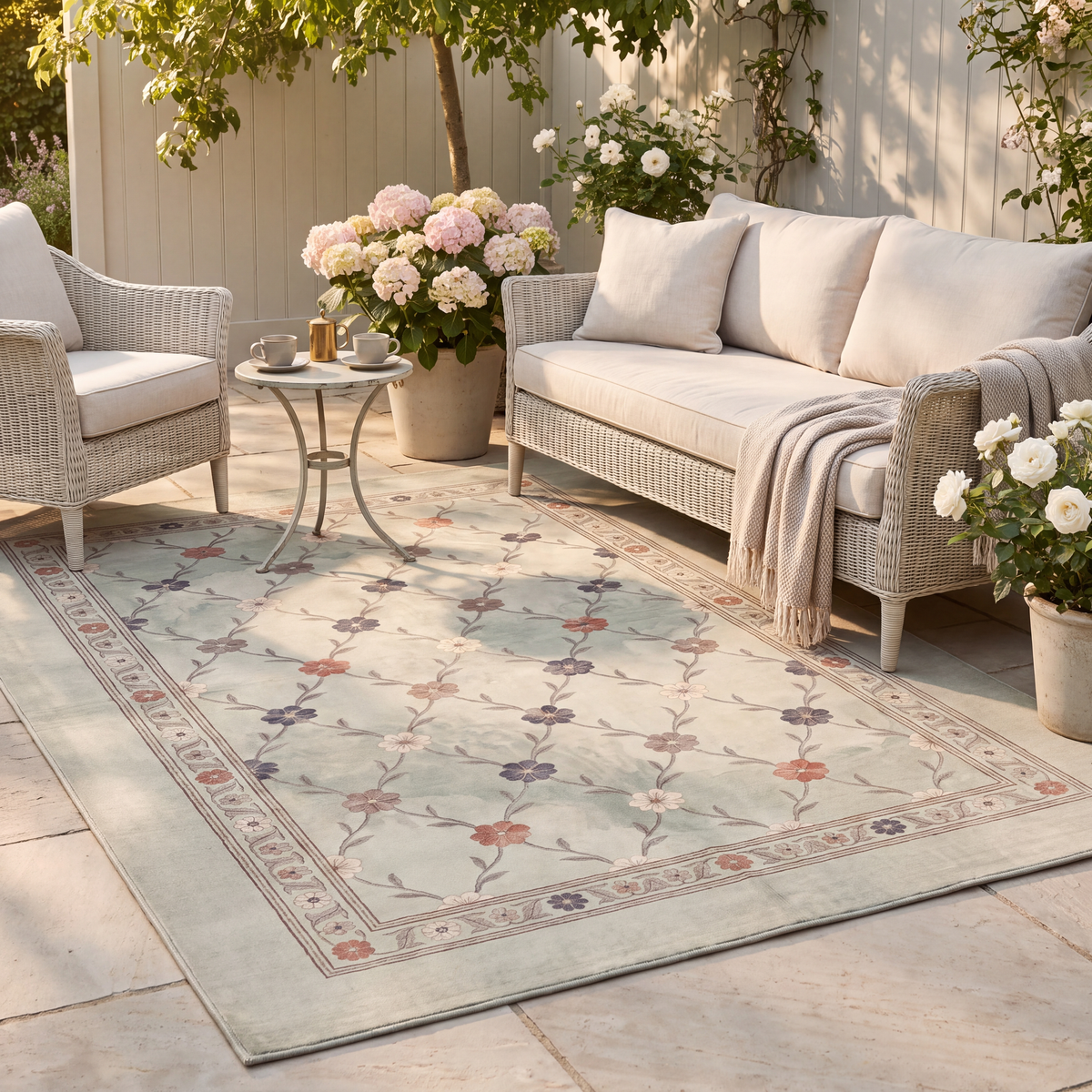 The rug laid flat on a patio beside outdoor seating.