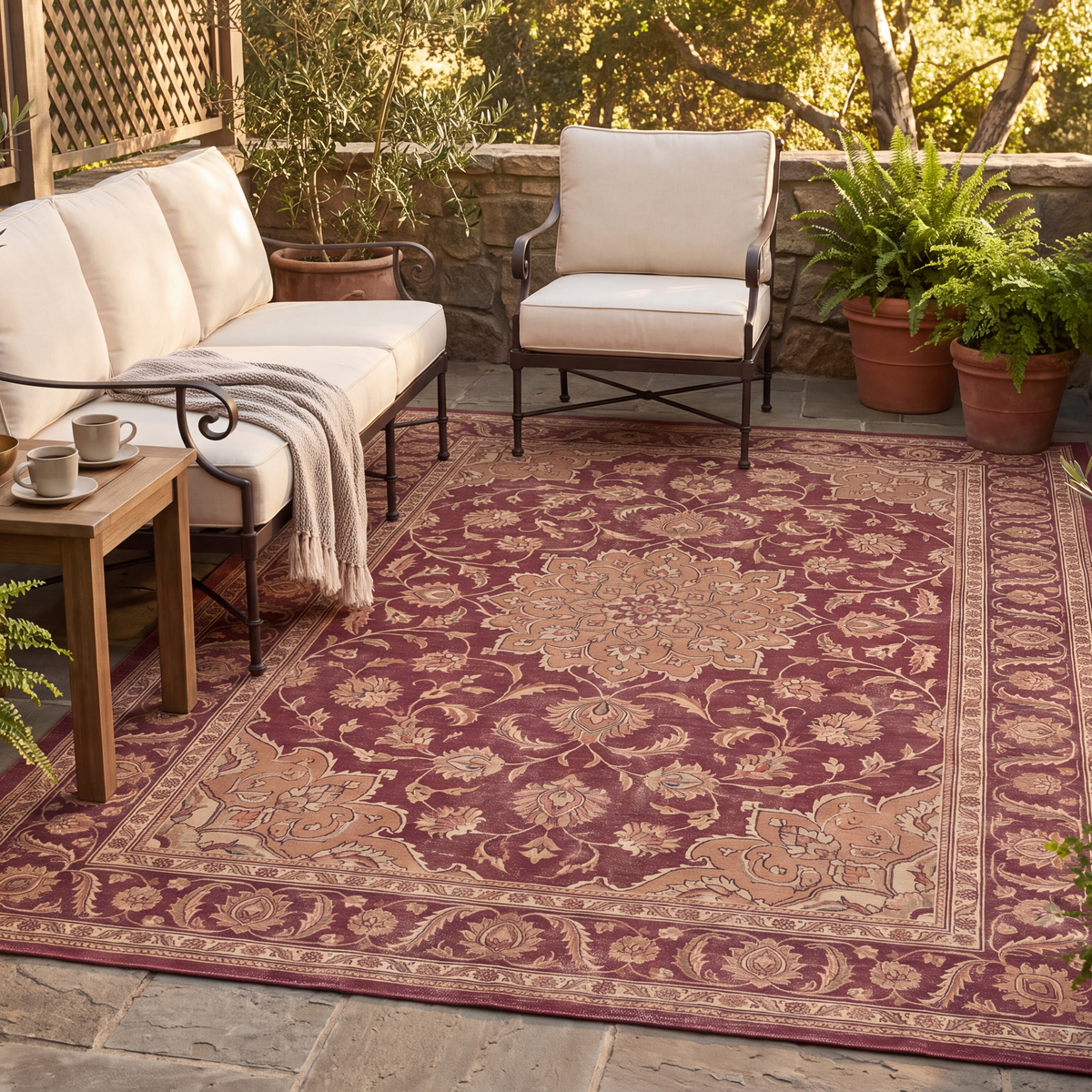 The rug laid flat on a patio beside outdoor seating.
