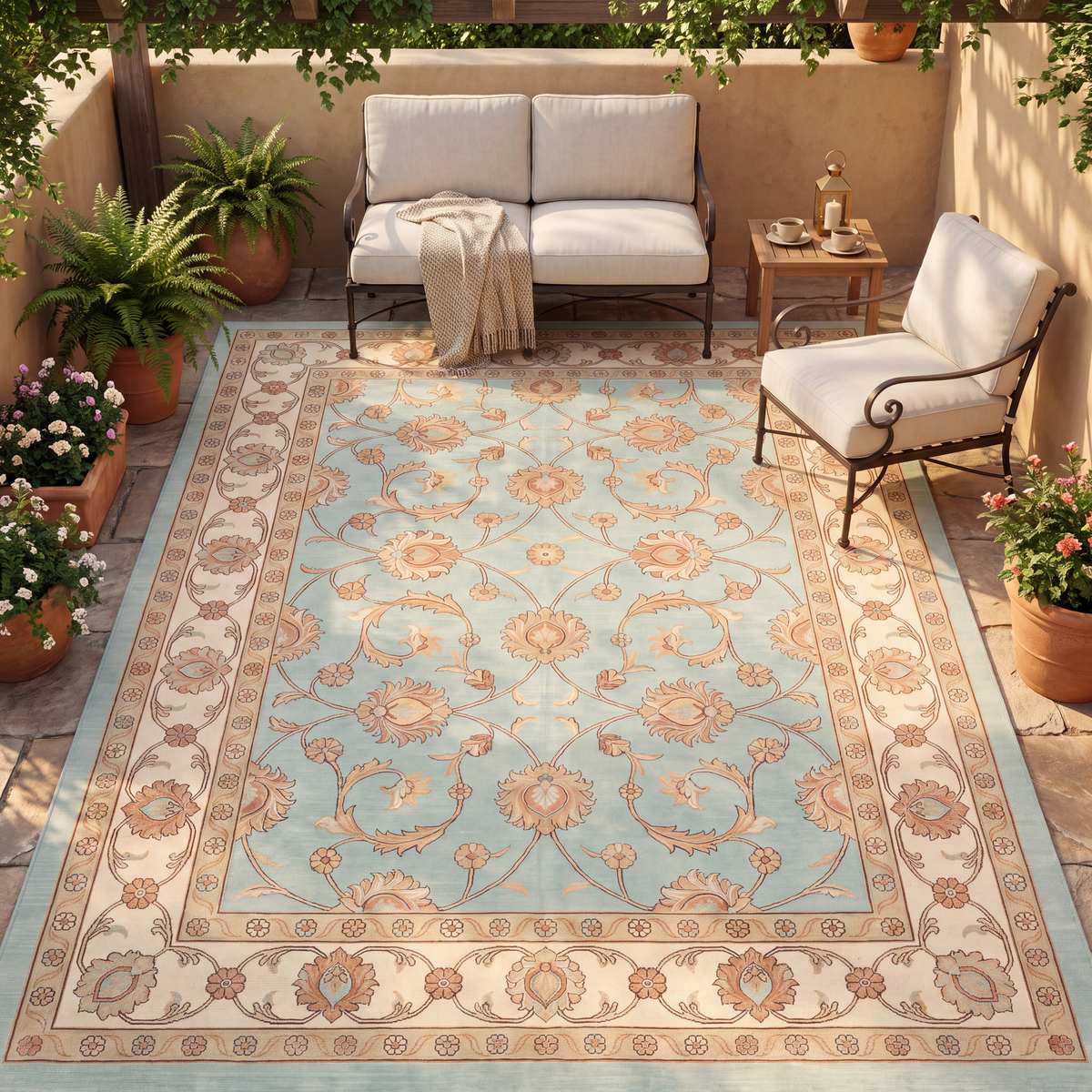 The rug laid flat on a patio beside outdoor seating.