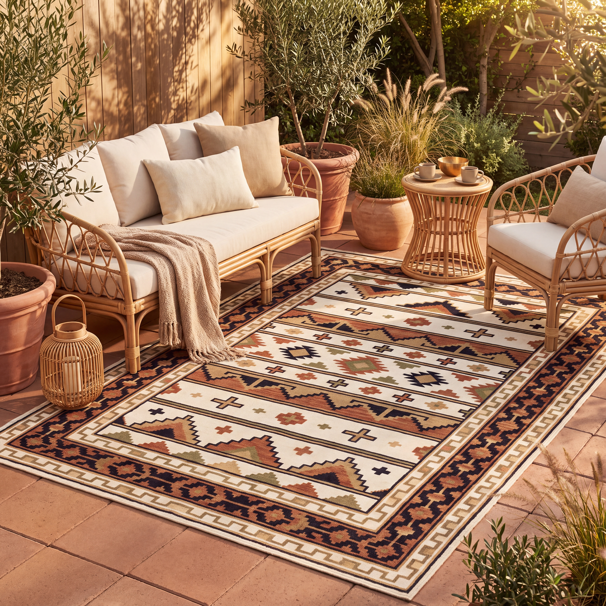The rug laid flat on a patio beside outdoor seating.