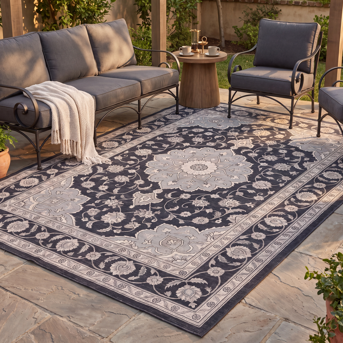 The rug laid flat on a patio beside outdoor seating.