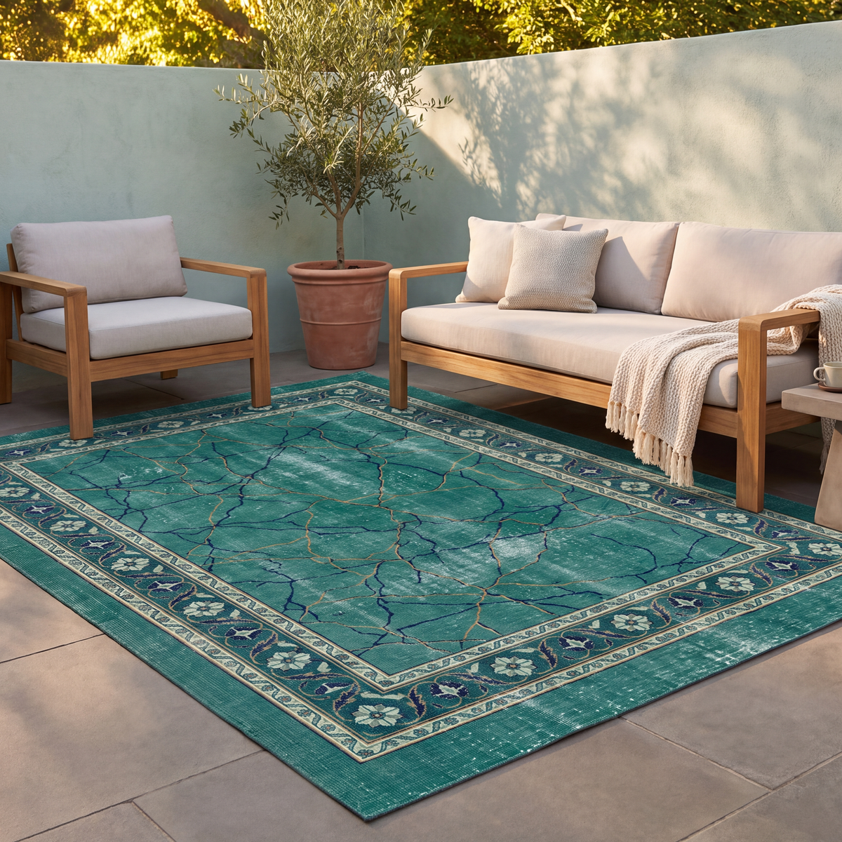 The rug laid flat on a patio beside outdoor seating.
