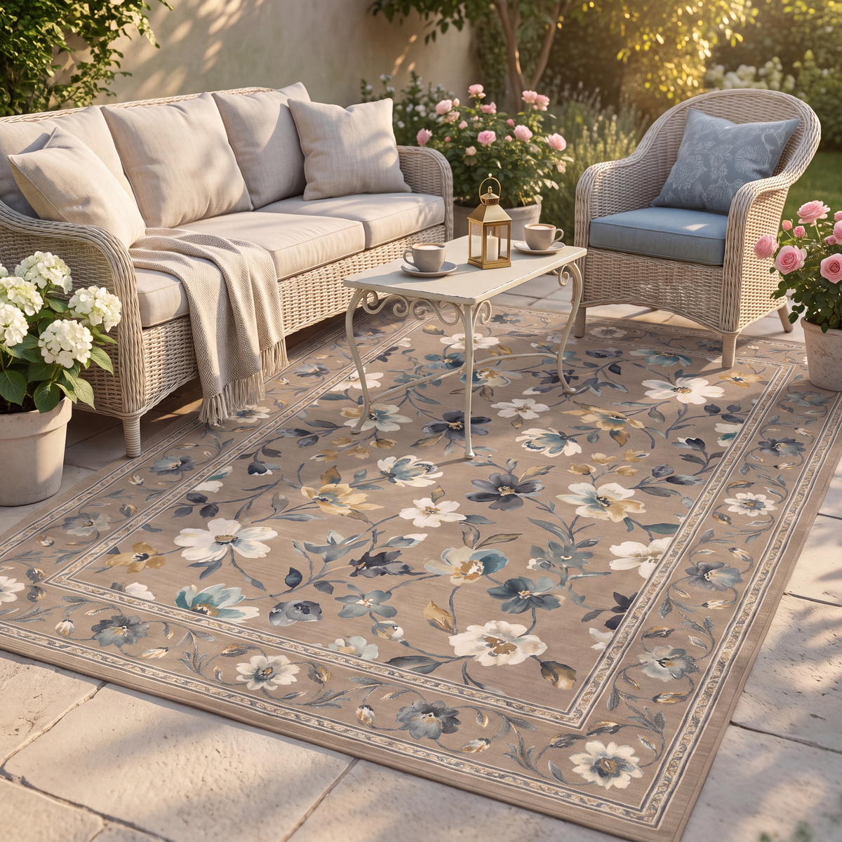 The rug laid flat on a patio beside outdoor seating.