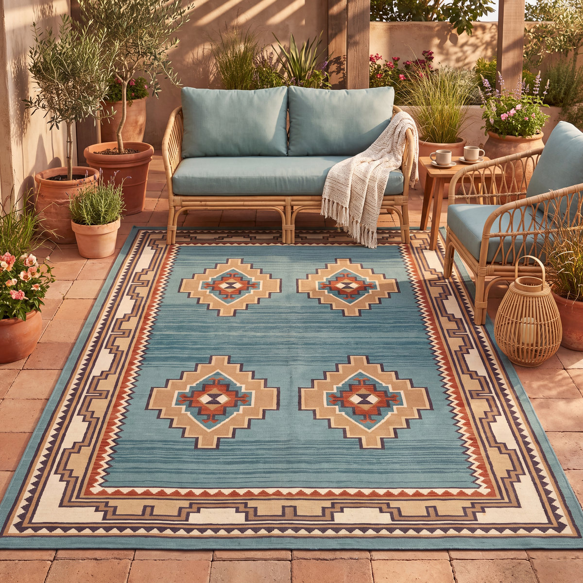 The rug laid flat on a patio beside outdoor seating.