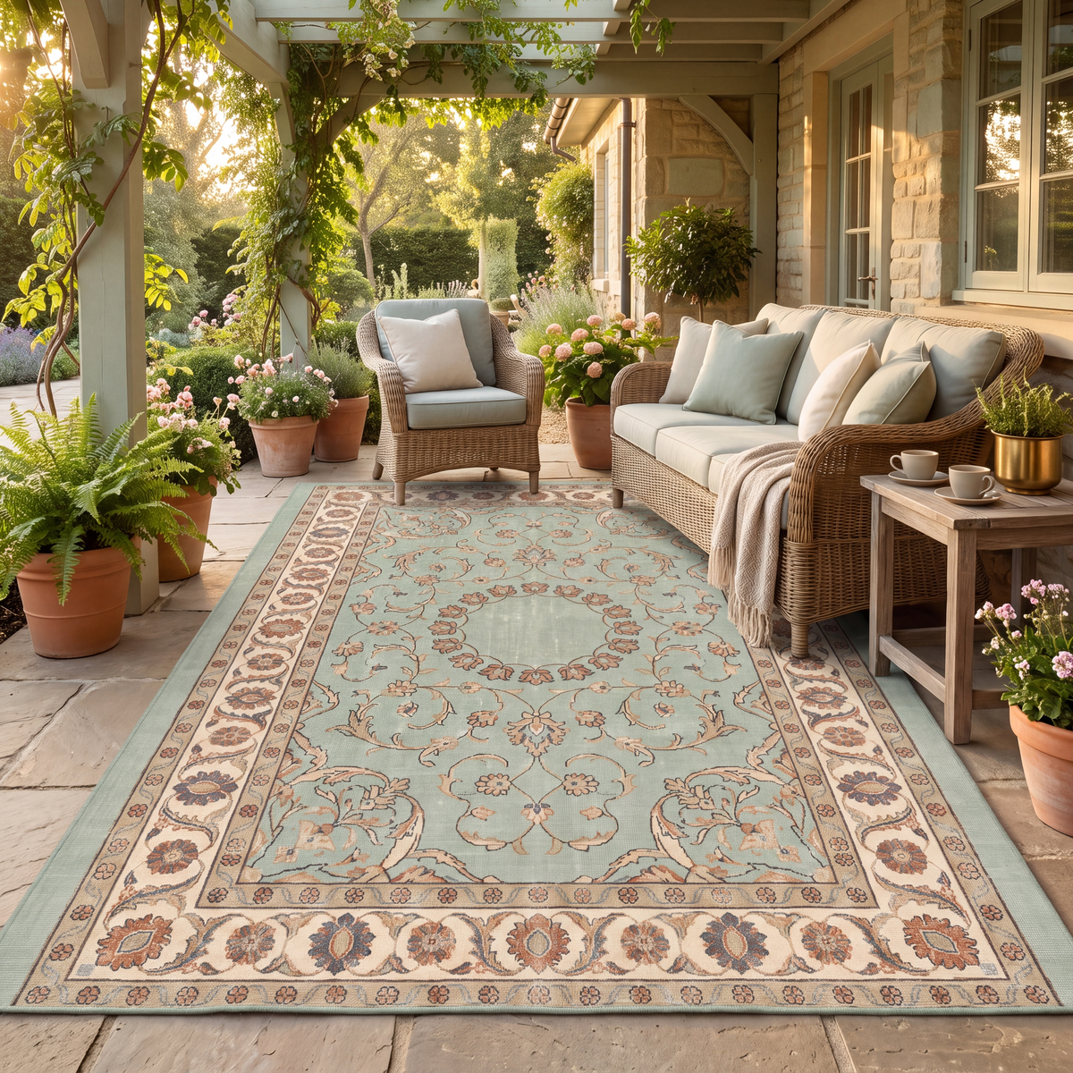 The rug laid flat on a patio beside outdoor seating.