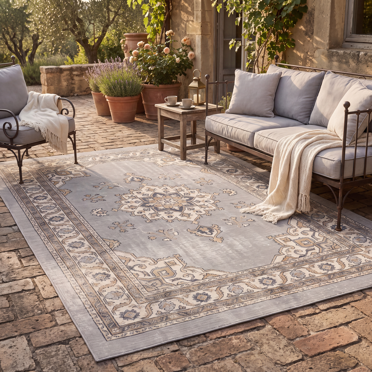 The rug laid flat on a patio beside outdoor seating.