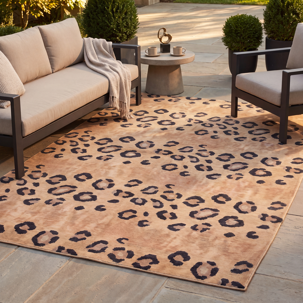 The rug laid flat on a patio beside outdoor seating.