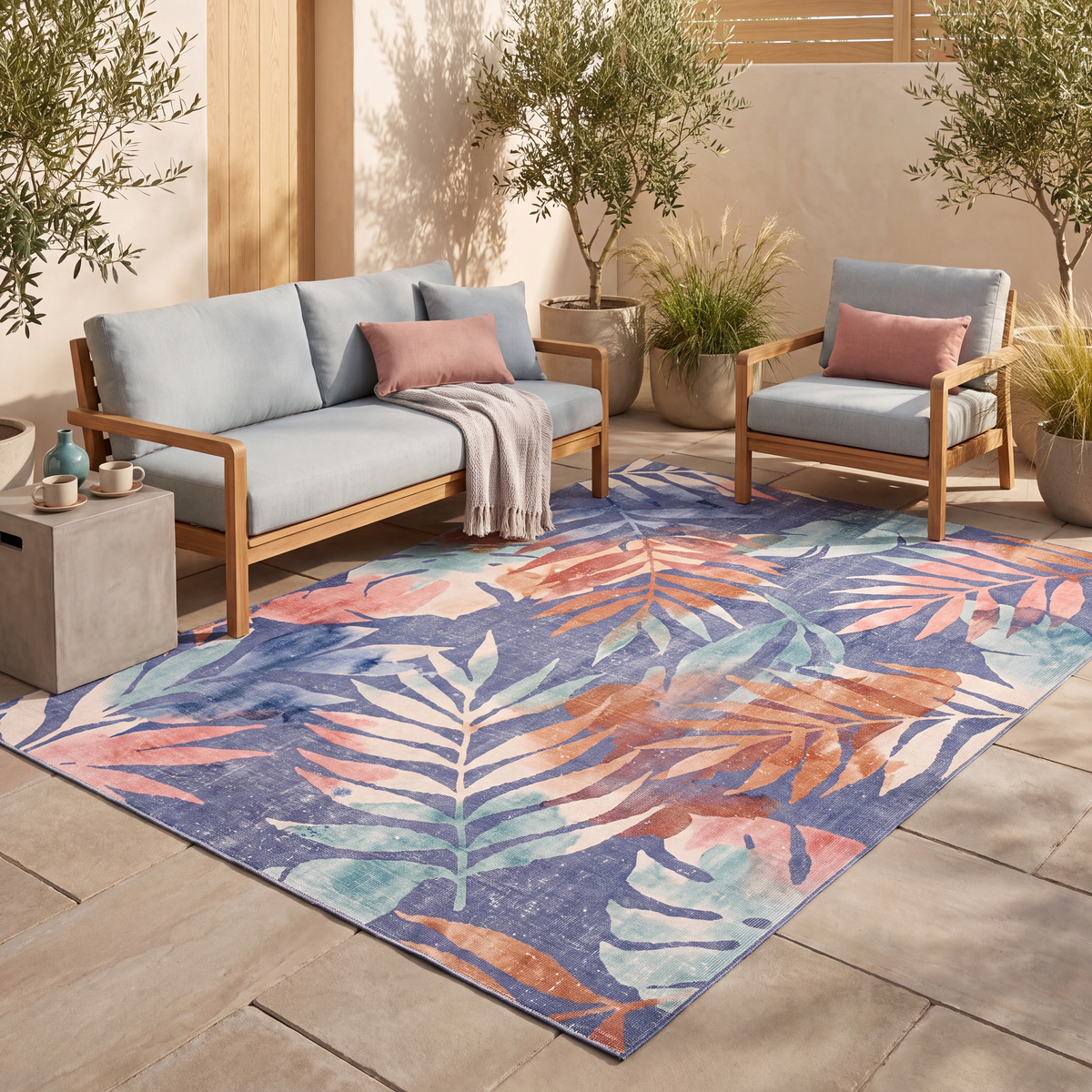 The rug laid flat on a patio beside outdoor seating.
