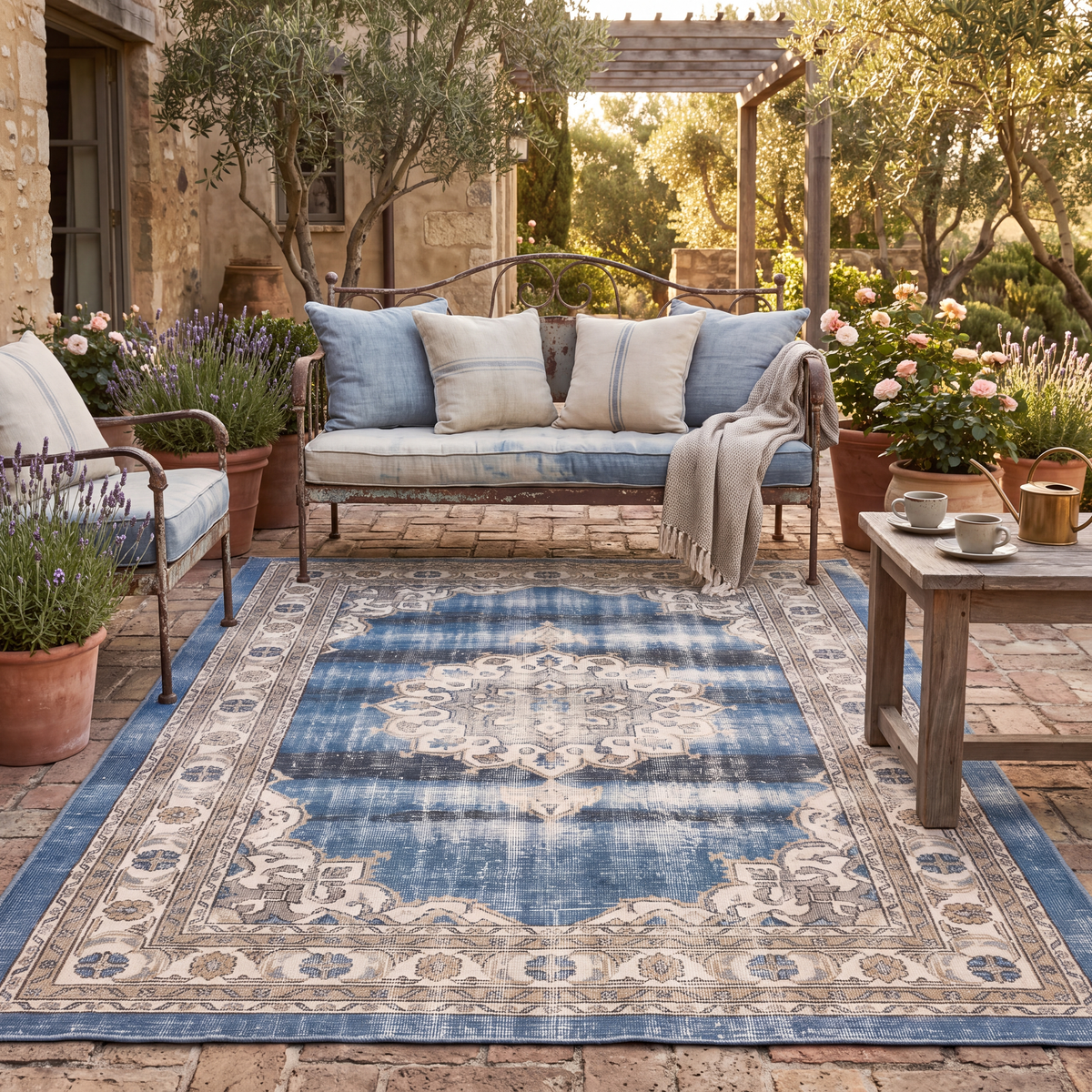 The rug laid flat on a patio beside outdoor seating.