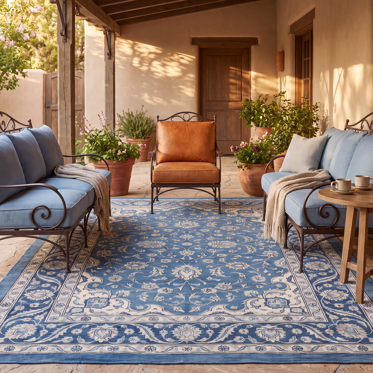 The rug laid flat on a patio beside outdoor seating.
