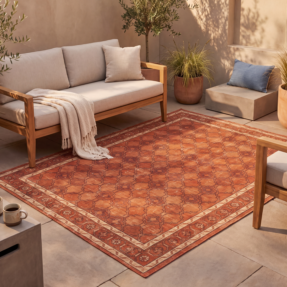 The rug laid flat on a patio beside outdoor seating.