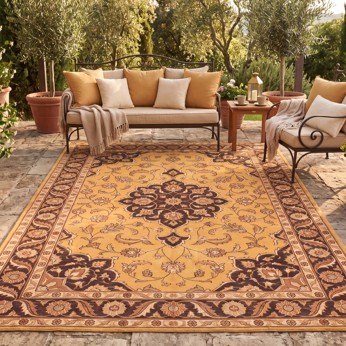 The rug laid flat on a patio beside outdoor seating.
