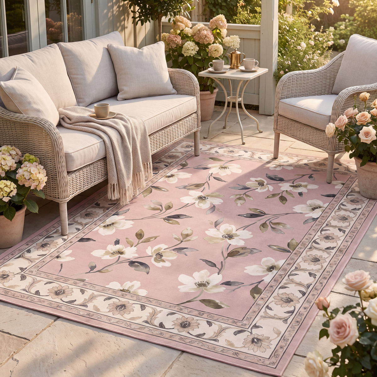 The rug laid flat on a patio beside outdoor seating.
