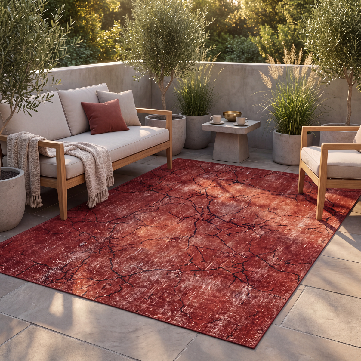 The rug laid flat on a patio beside outdoor seating.