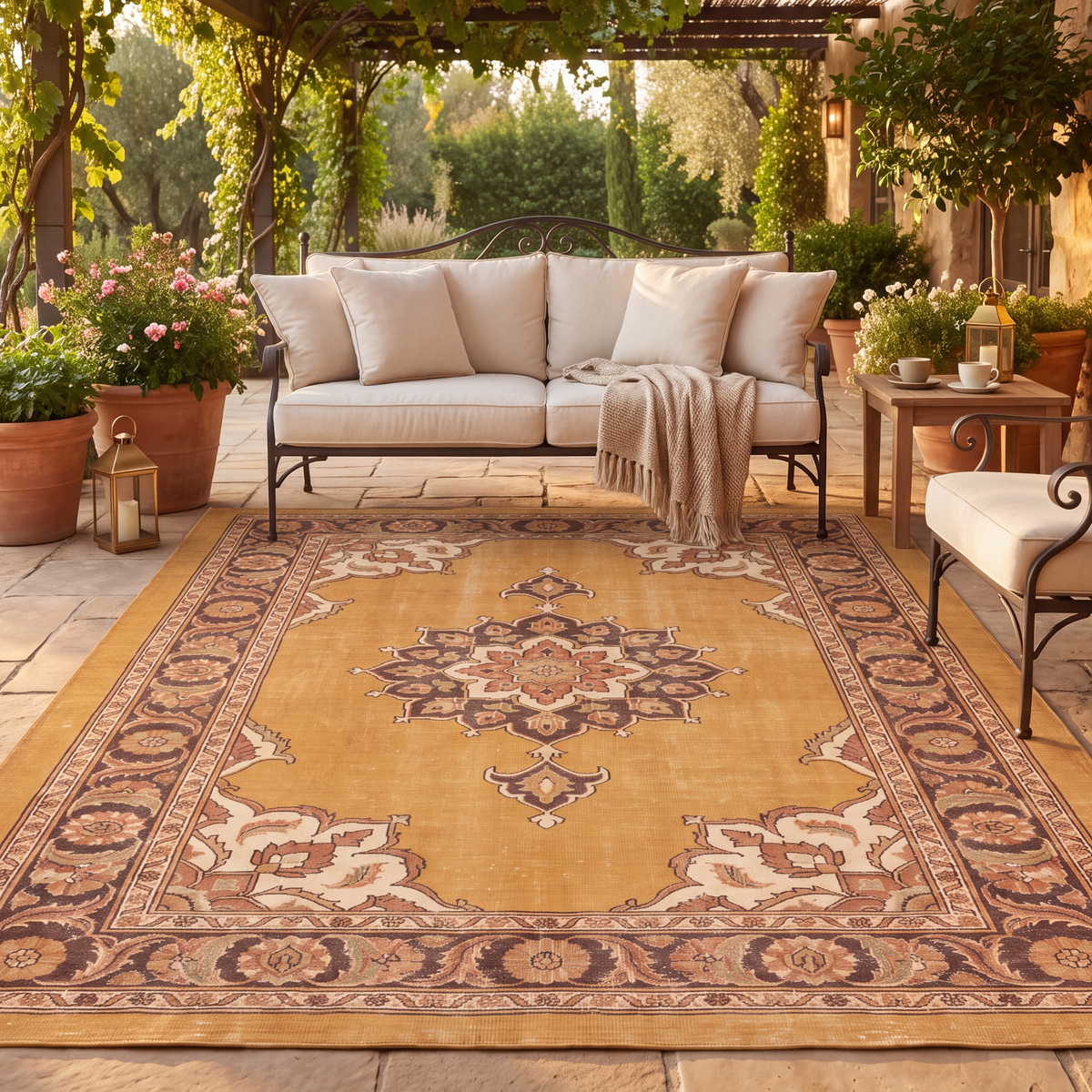 The rug laid flat on a patio beside outdoor seating.