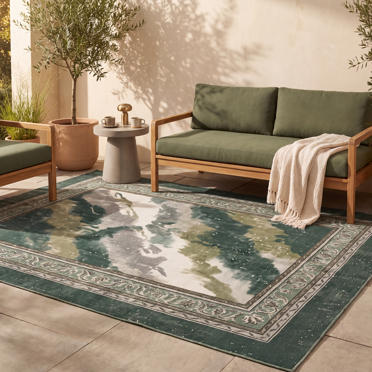 The rug laid flat on a patio beside outdoor seating.