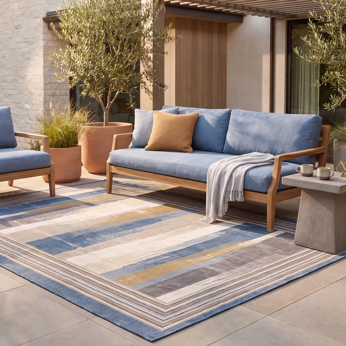 The rug laid flat on a patio beside outdoor seating.