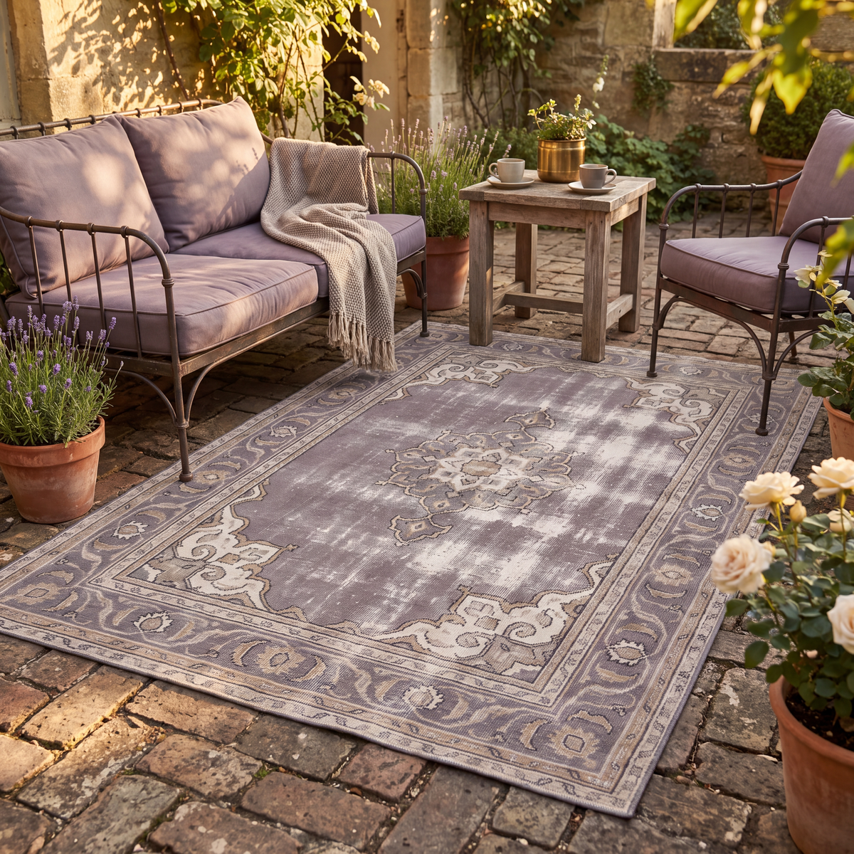 The rug laid flat on a patio beside outdoor seating.