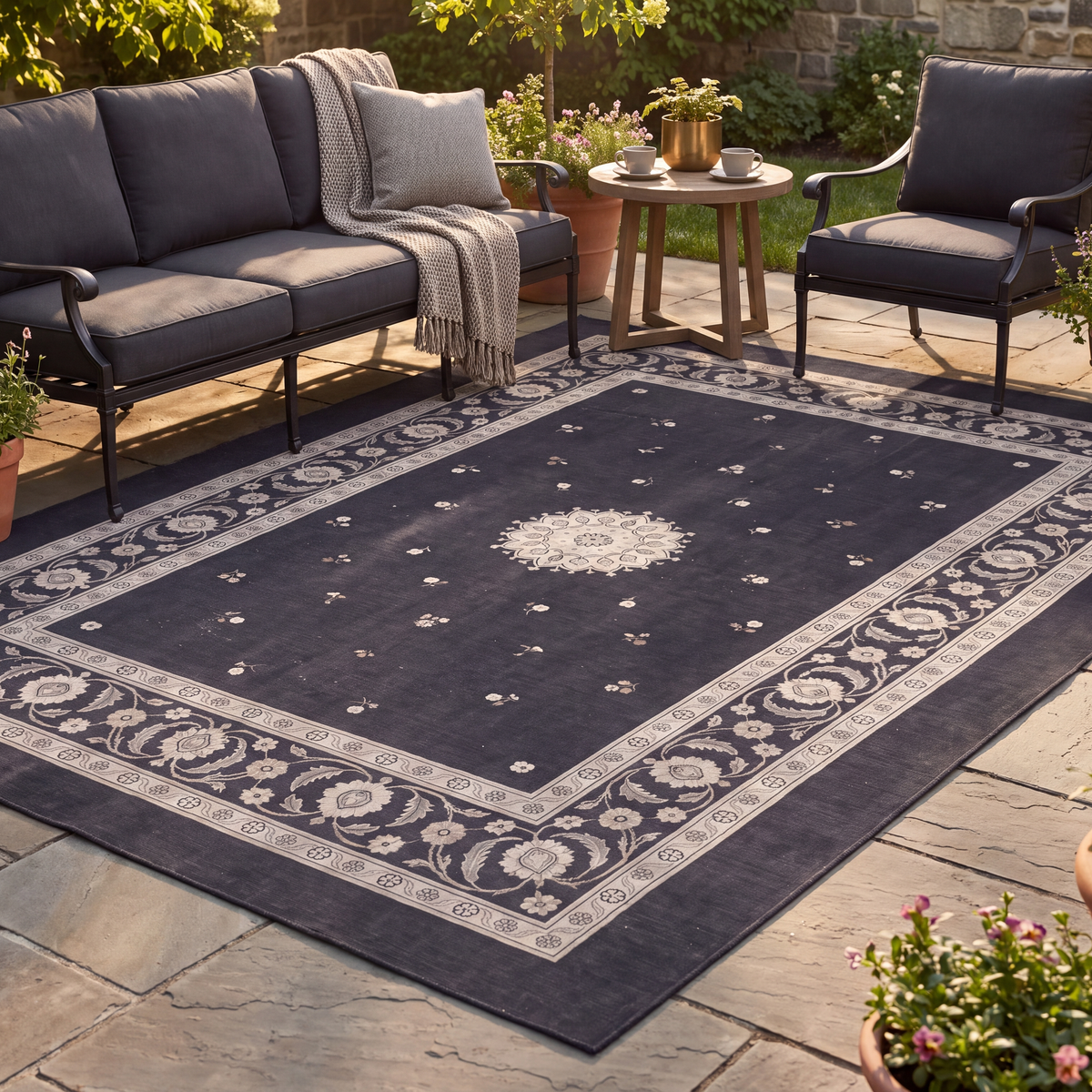The rug laid flat on a patio beside outdoor seating.