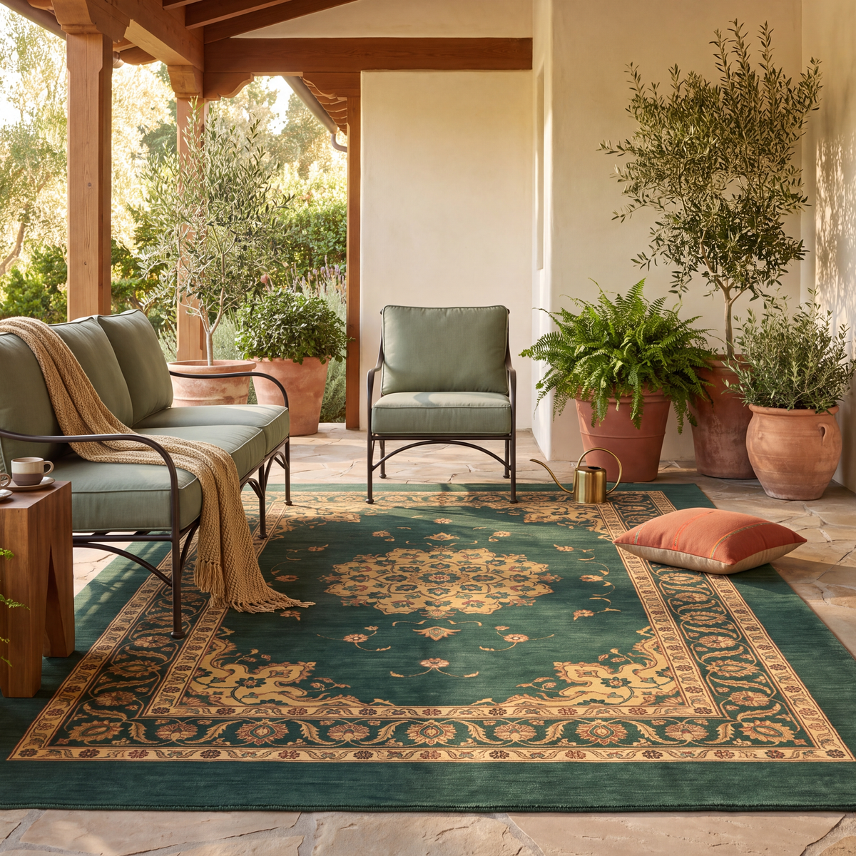 The rug laid flat on a patio beside outdoor seating.