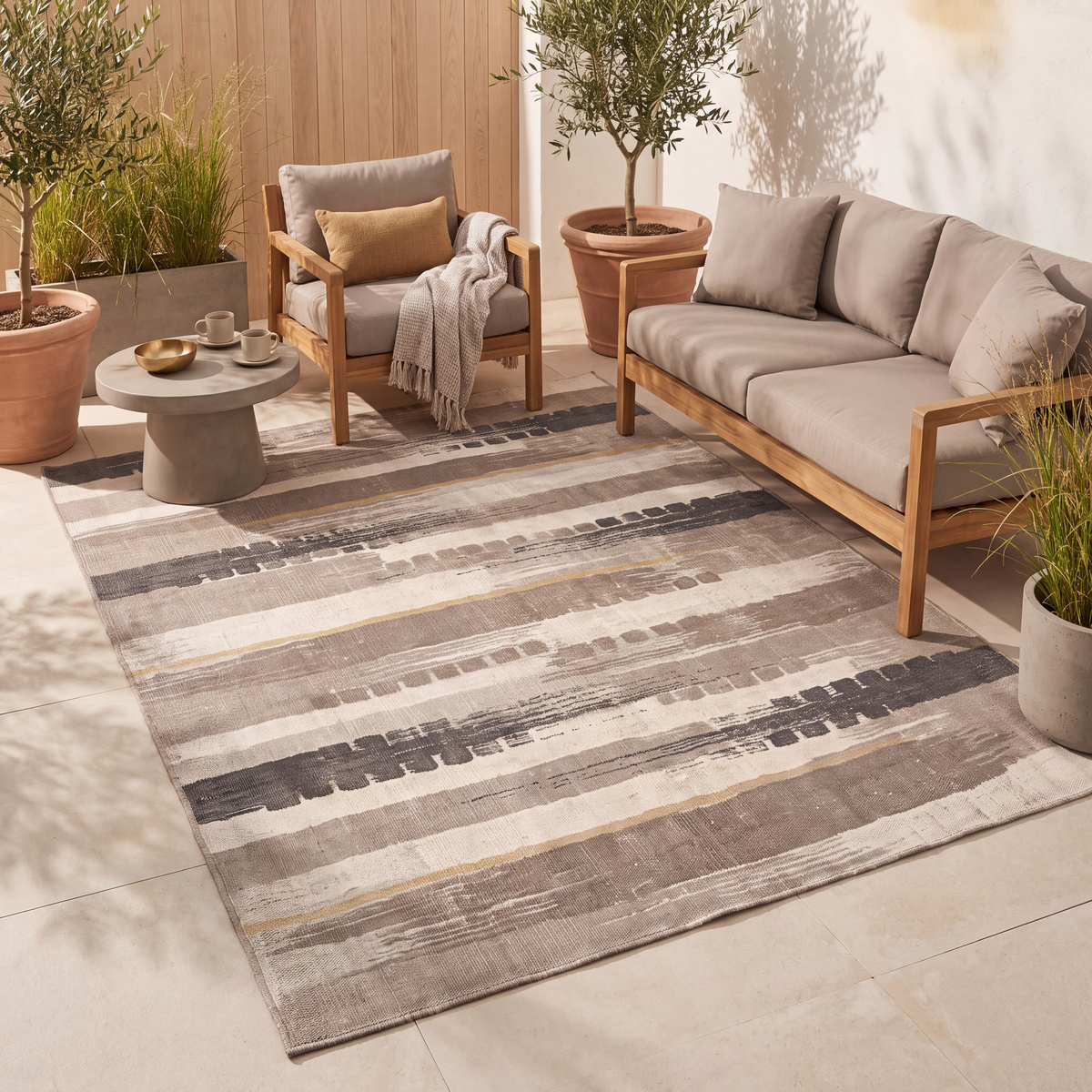 The rug laid flat on a patio beside outdoor seating.