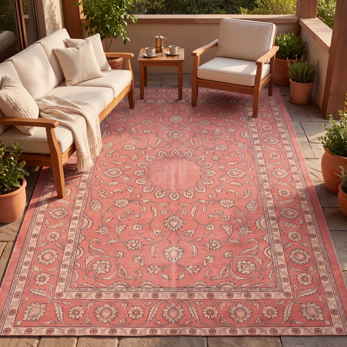 The rug laid flat on a patio beside outdoor seating.