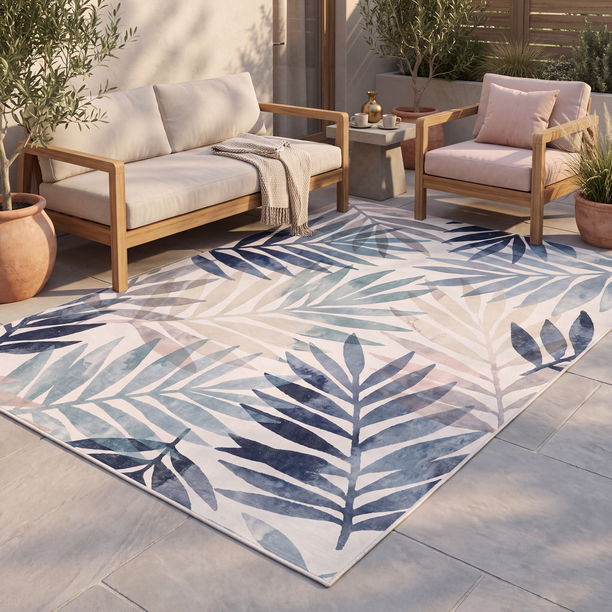 The rug laid flat on a patio beside outdoor seating.