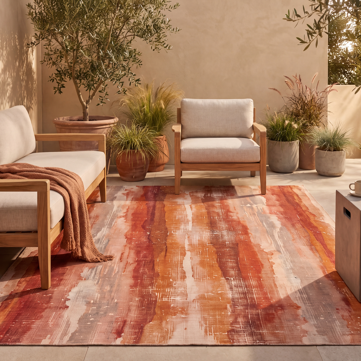 The rug laid flat on a patio beside outdoor seating.