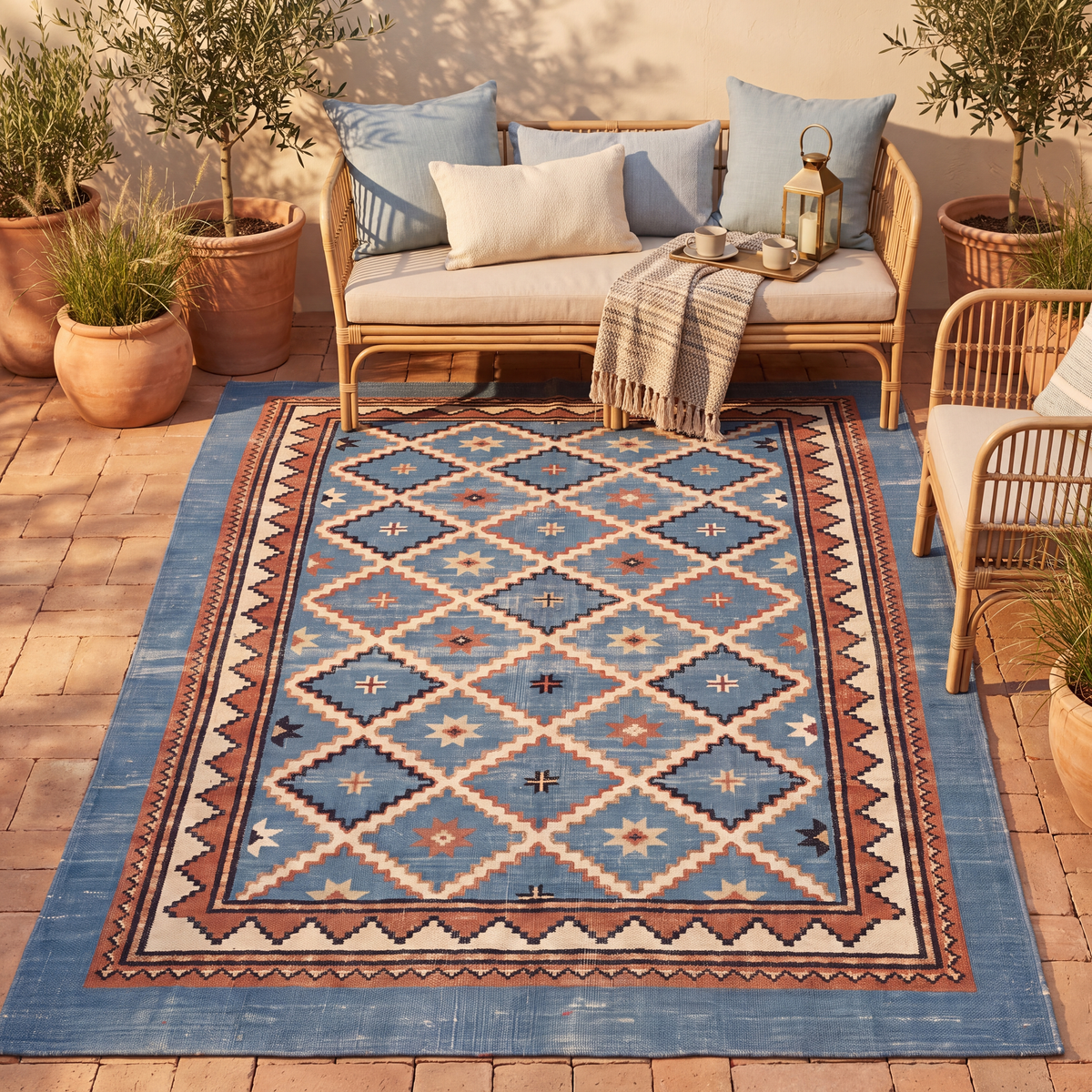 The rug laid flat on a patio beside outdoor seating.