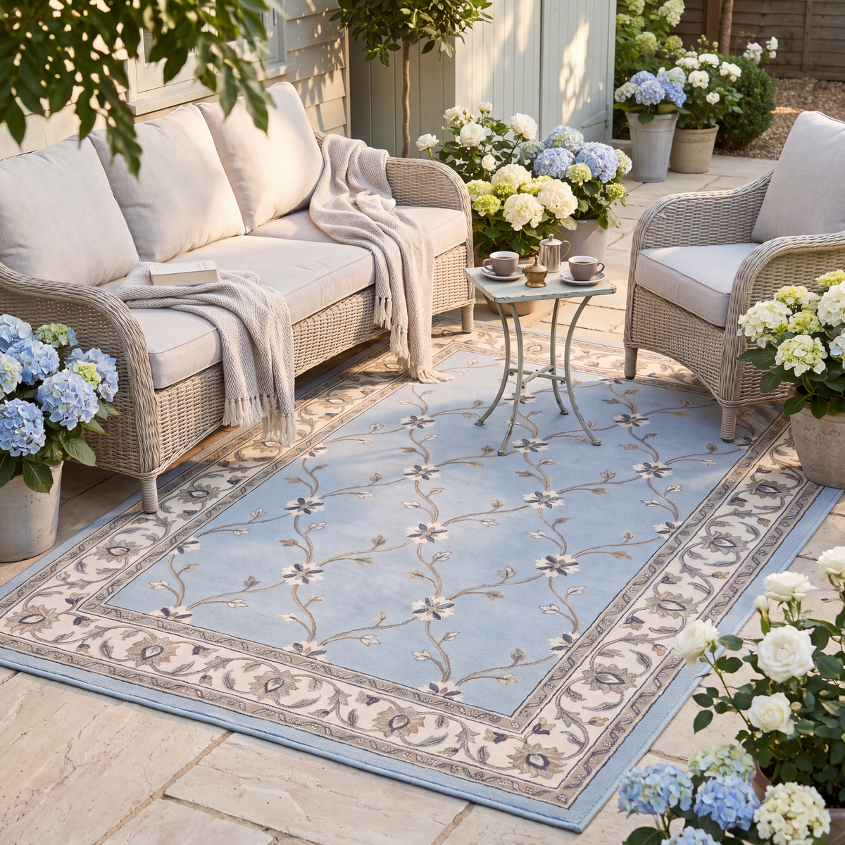 The rug laid flat on a patio beside outdoor seating.