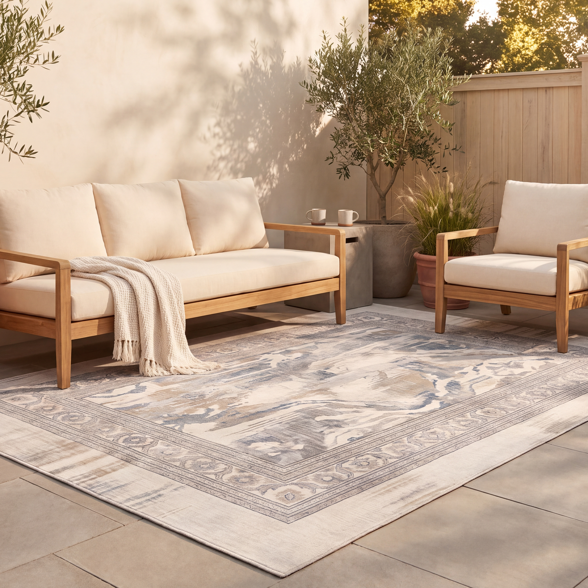 The rug laid flat on a patio beside outdoor seating.