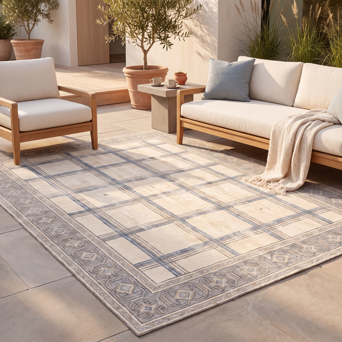 The rug laid flat on a patio beside outdoor seating.