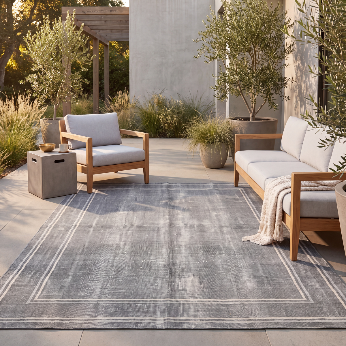 The rug laid flat on a patio beside outdoor seating.