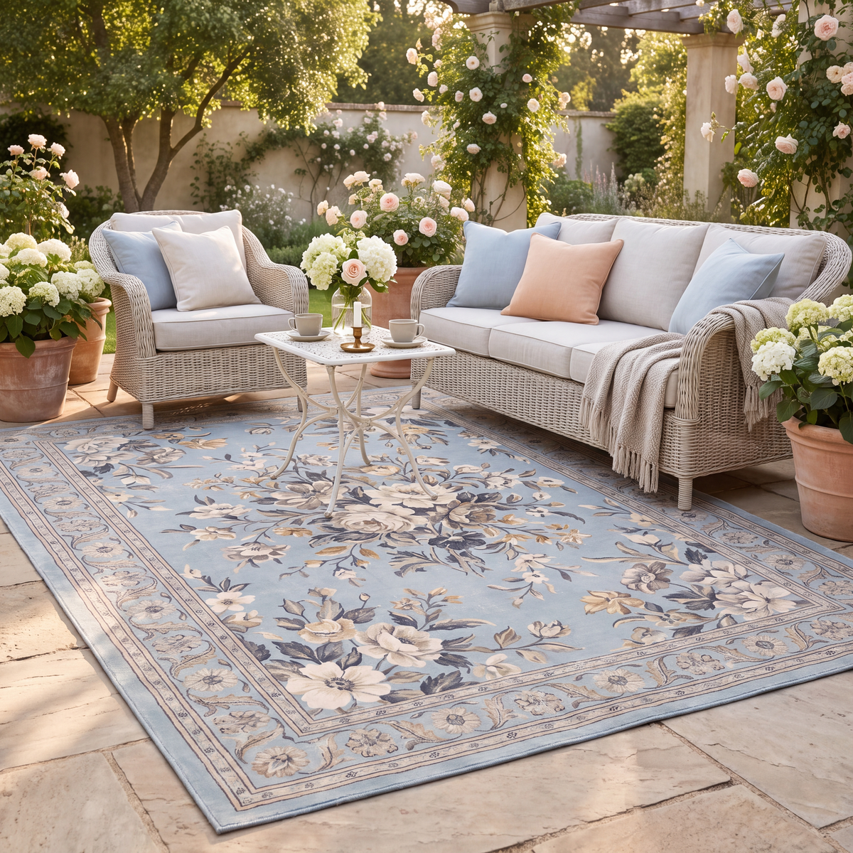 The rug laid flat on a patio beside outdoor seating.