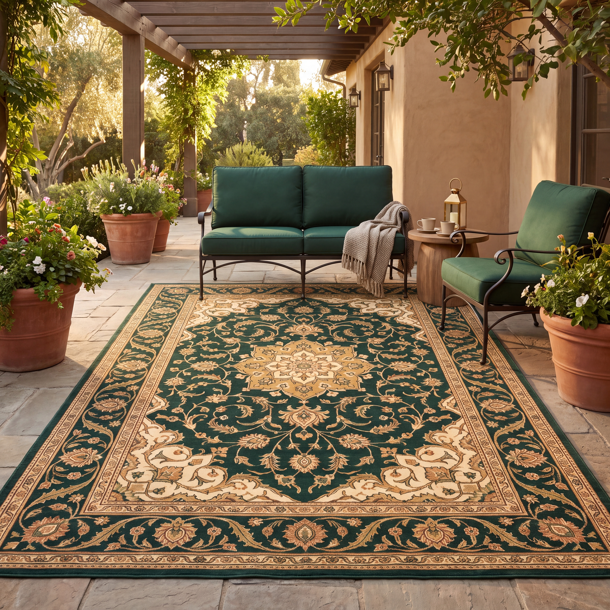 The rug laid flat on a patio beside outdoor seating.