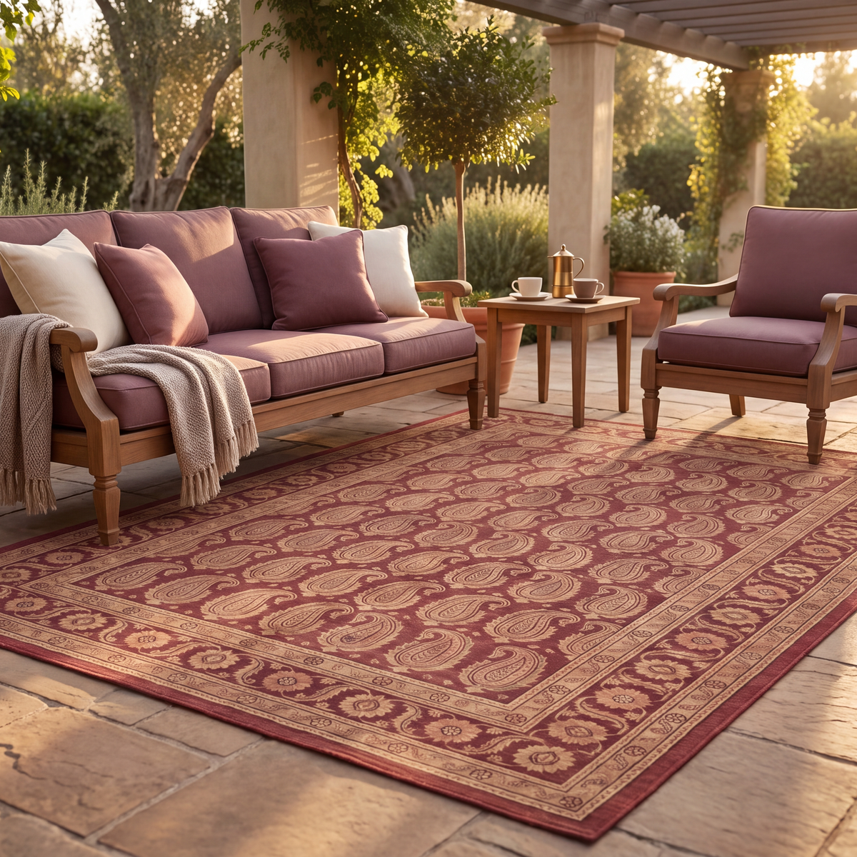 The rug laid flat on a patio beside outdoor seating.