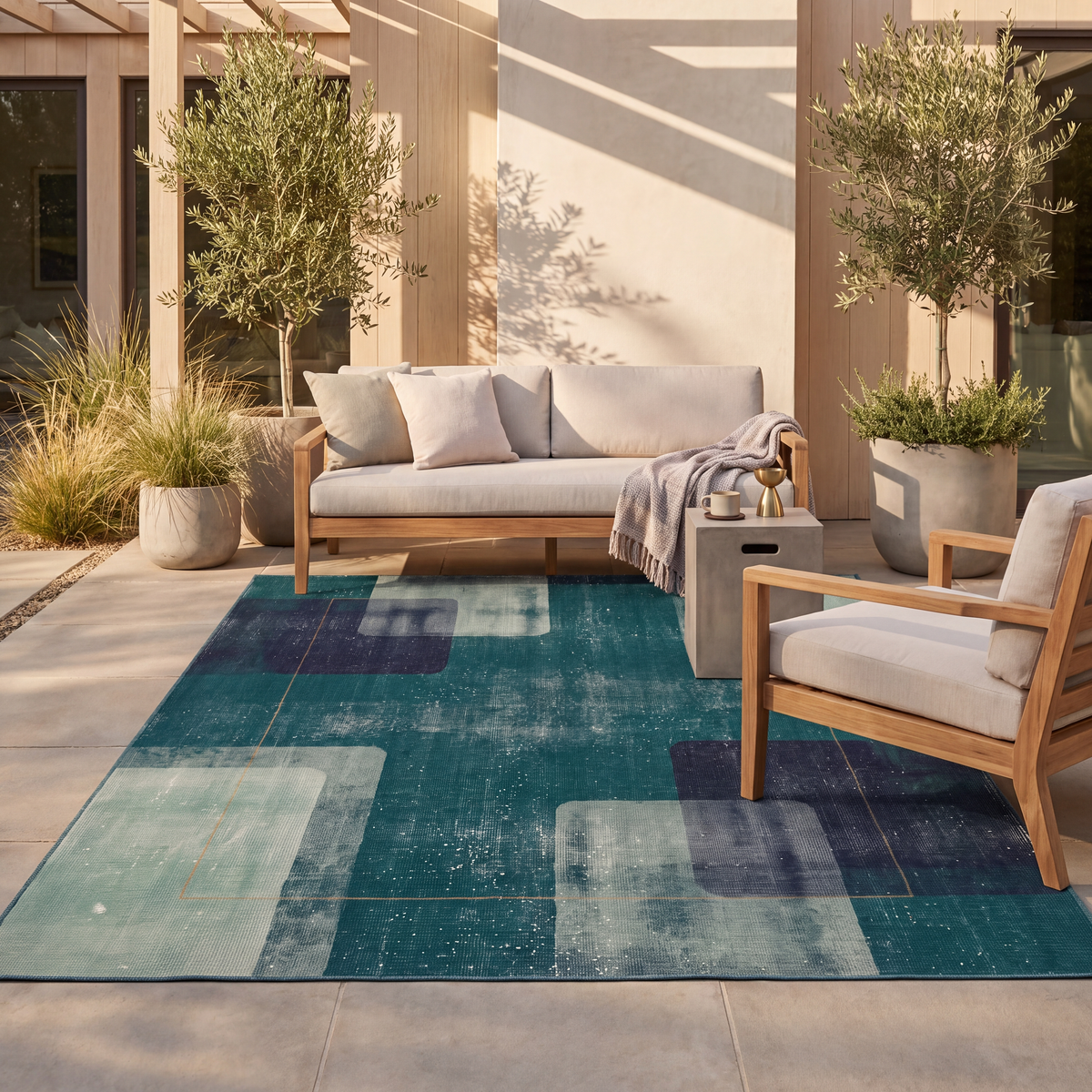 The rug laid flat on a patio beside outdoor seating.