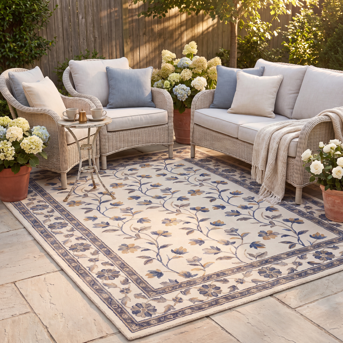 The rug laid flat on a patio beside outdoor seating.