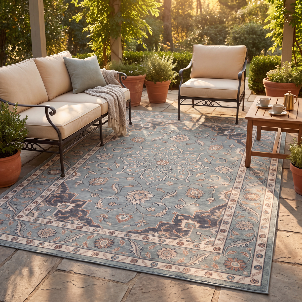 The rug laid flat on a patio beside outdoor seating.