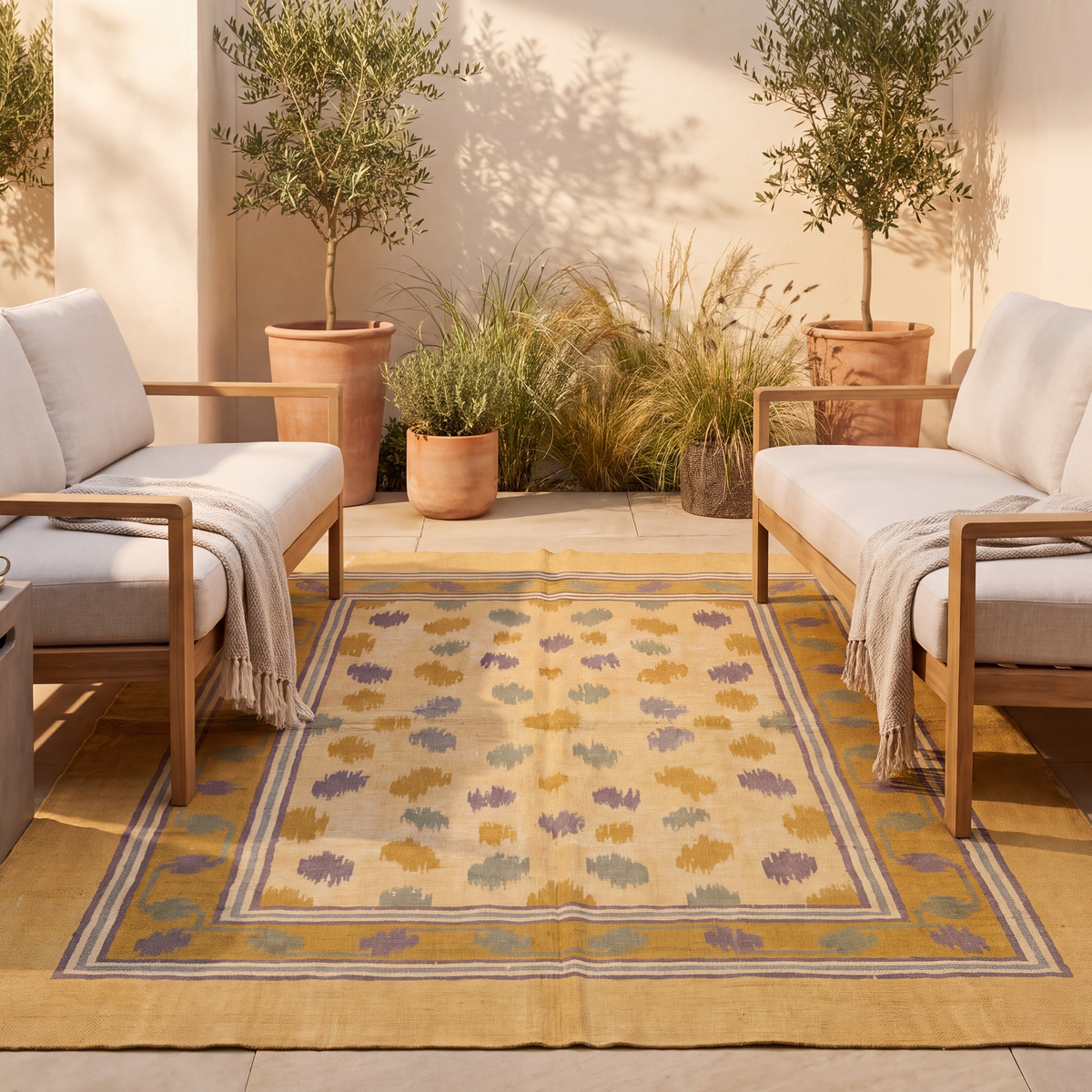 The rug laid flat on a patio beside outdoor seating.