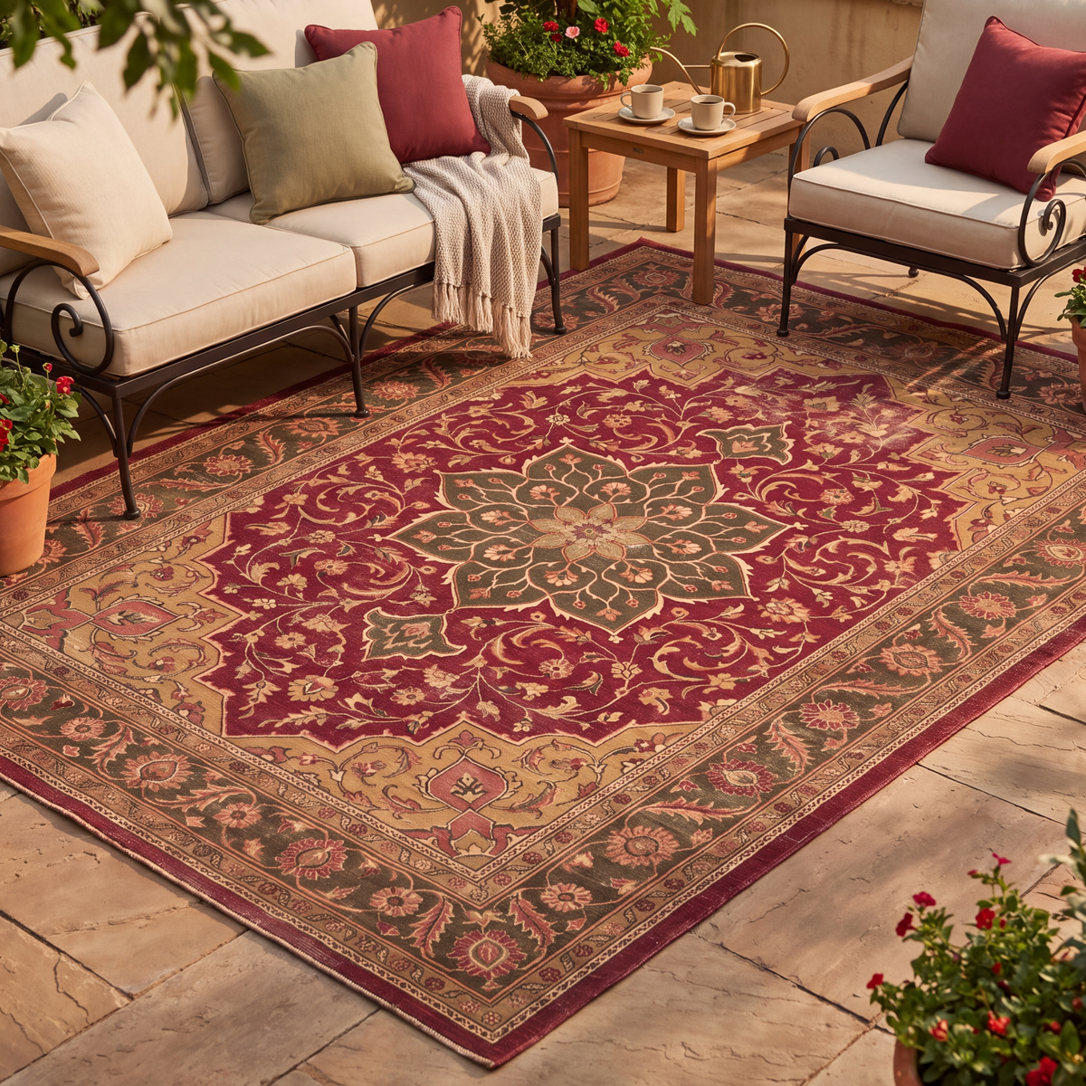 The rug laid flat on a patio beside outdoor seating.