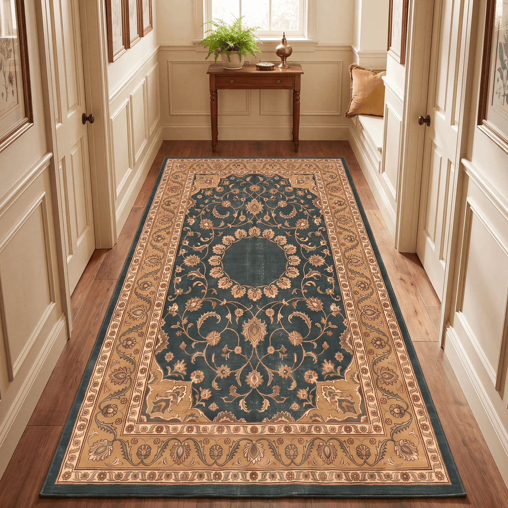 Reef2 Traditional Medallion Bordered Persian Style Forest Green Gold Cream Washable Indoor Outdoor Entryway Rug - RugzellaDigital Print RugRugzellaRugzellaBBB393-RECT-24x47-60x120cmRGZLLA114121Rectangle2' x 3'11" (60x120 cm)RUNNER | Reef2 runner hallway