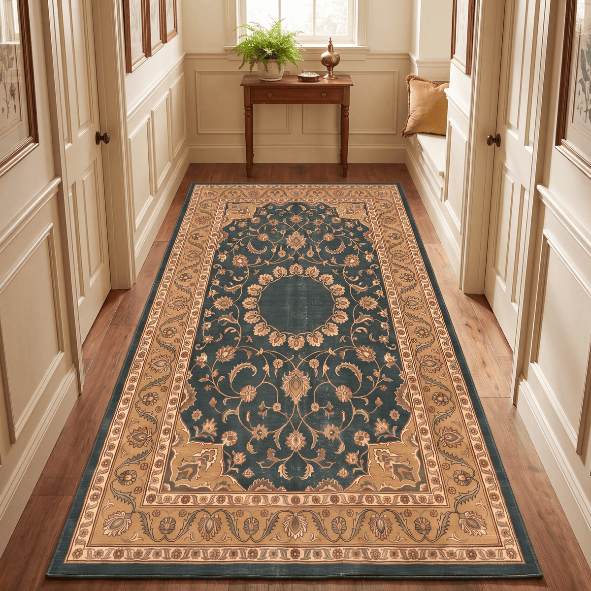 Reef2 Traditional Medallion Bordered Persian Style Forest Green Gold Cream Washable Indoor Outdoor Entryway Rug - RugzellaDigital Print RugRugzellaRugzellaBBB393-RECT-24x47-60x120cmRGZLLA114121Rectangle2' x 3'11" (60x120 cm)RUNNER | Reef2 runner hallway