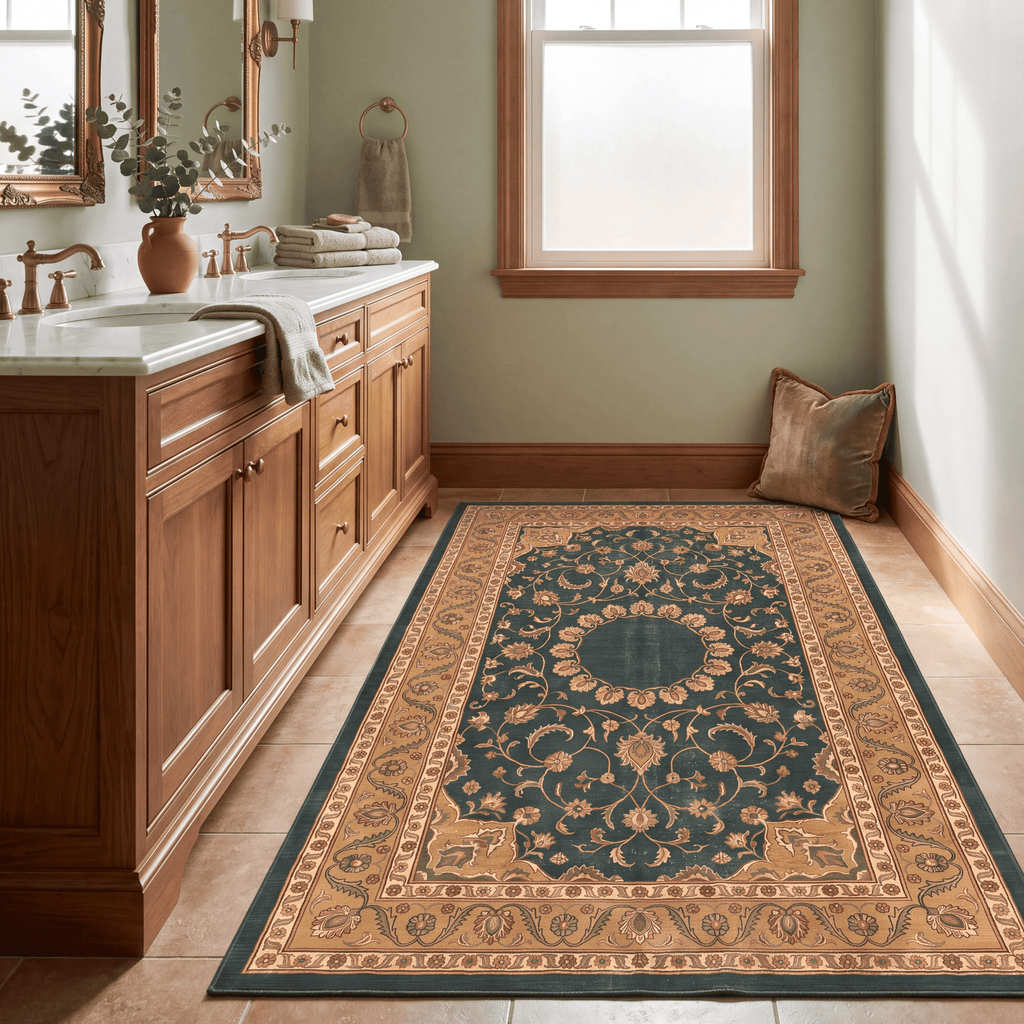 Reef2 Traditional Medallion Bordered Persian Style Forest Green Gold Cream Washable Indoor Outdoor Entryway Rug - RugzellaDigital Print RugRugzellaRugzellaBBB393-RECT-24x47-60x120cmRGZLLA114121Rectangle2' x 3'11" (60x120 cm)RUNNER | Reef2 runner bathroom
