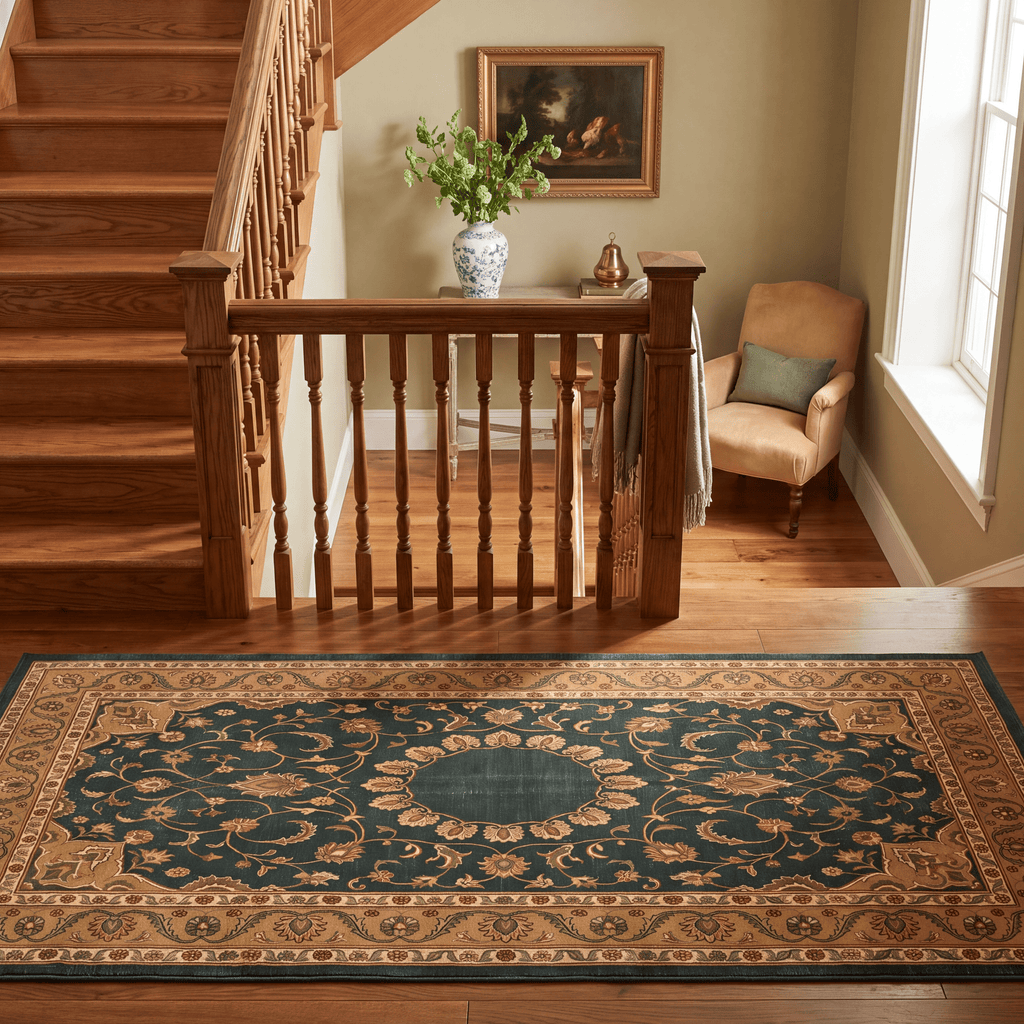 Reef2 Traditional Medallion Bordered Persian Style Forest Green Gold Cream Washable Indoor Outdoor Entryway Rug - RugzellaDigital Print RugRugzellaRugzellaBBB393-RECT-24x47-60x120cmRGZLLA114121Rectangle2' x 3'11" (60x120 cm)RUNNER | Reef2 runner staircase